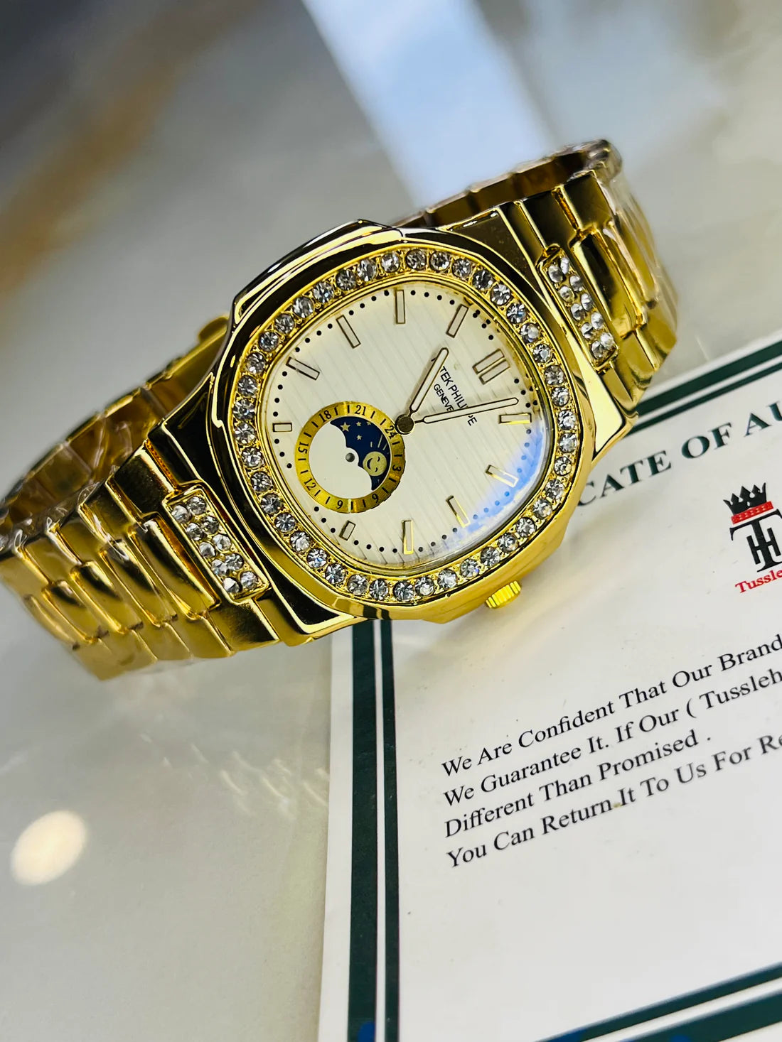 Gold White Chain Strapped Down Second Zircon Dial Watch