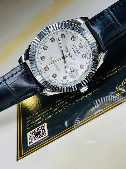 Black Silver White Day Date Leather Rolex Watch