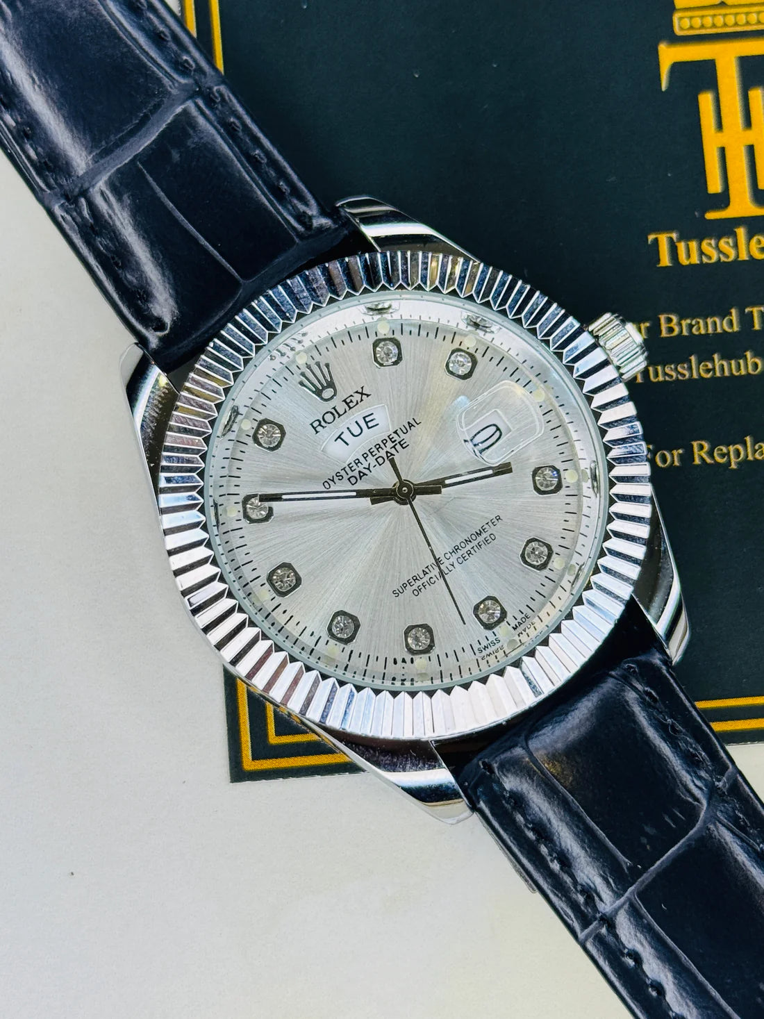 Black Silver White Day Date Leather Rolex Watch