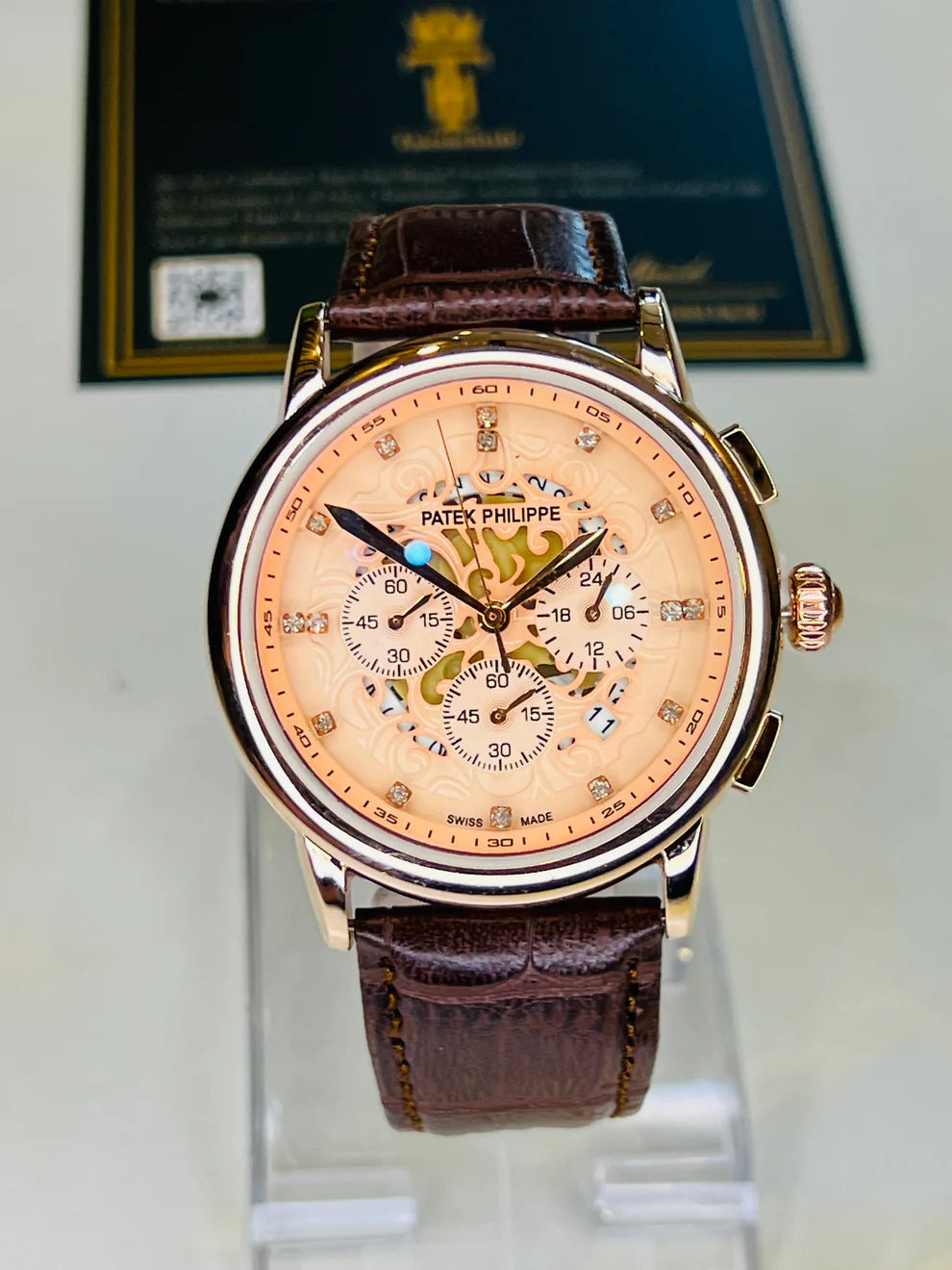 Brown Copper Round Rose Gold Skeleton Chronograph Dial PP Watch