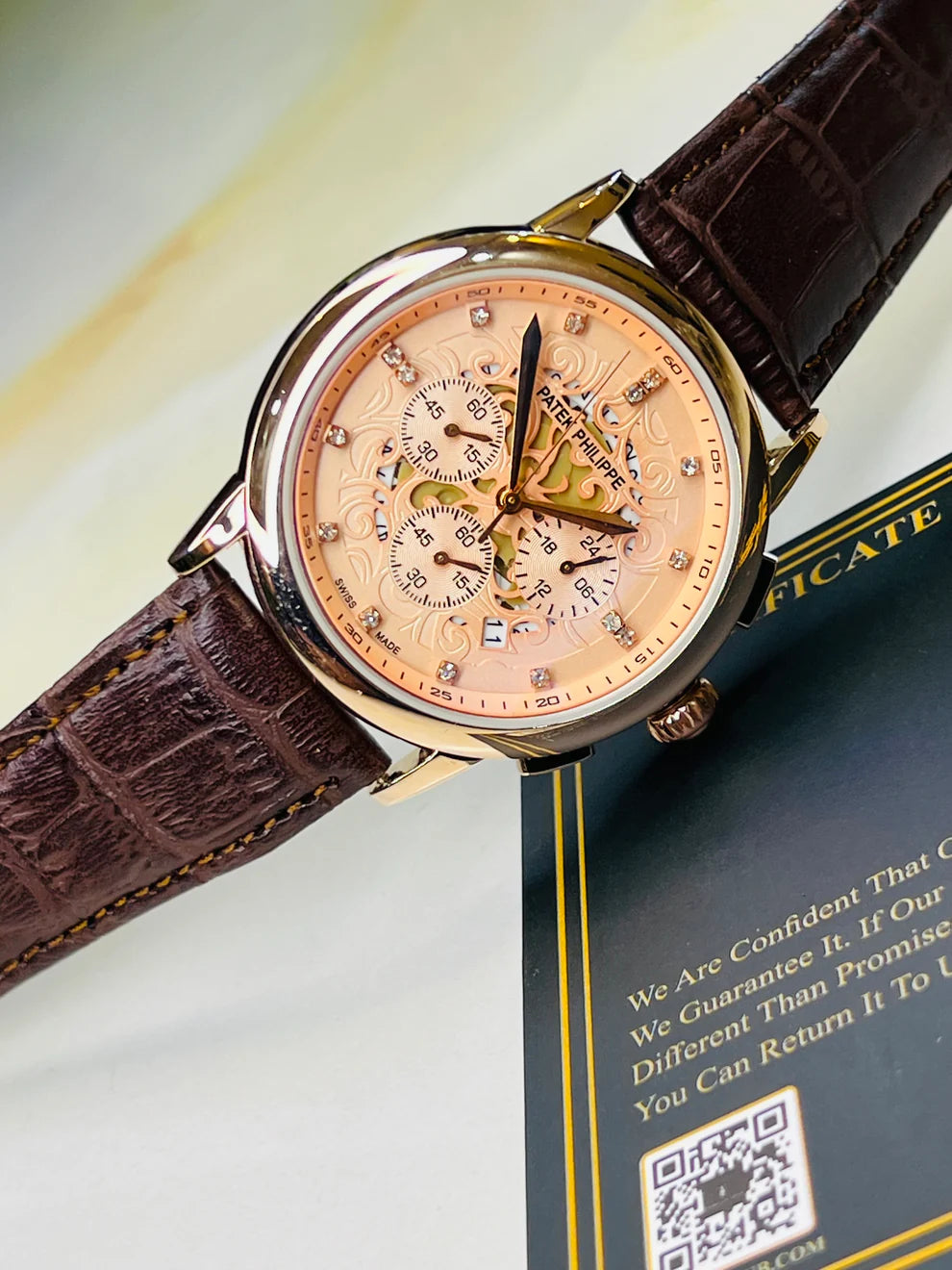 Brown Copper Round Rose Gold Skeleton Chronograph Dial PP Watch