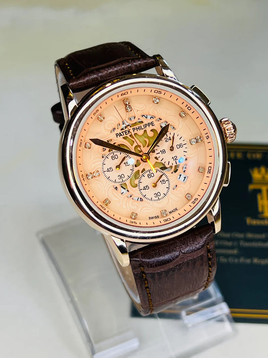 Brown Copper Round Rose Gold Skeleton Chronograph Dial PP Watch