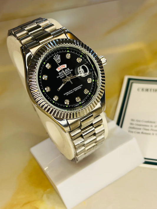 Premium Day Date Silver Black Dial Watch