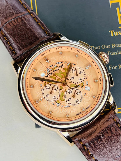 Brown Copper Round Rose Gold Skeleton Chronograph Dial PP Watch