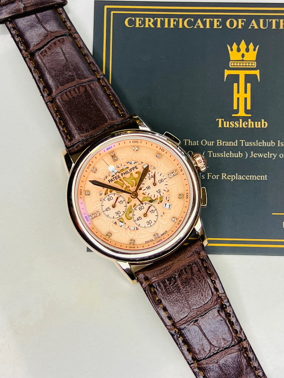 Brown Copper Round Rose Gold Skeleton Chronograph Dial PP Watch