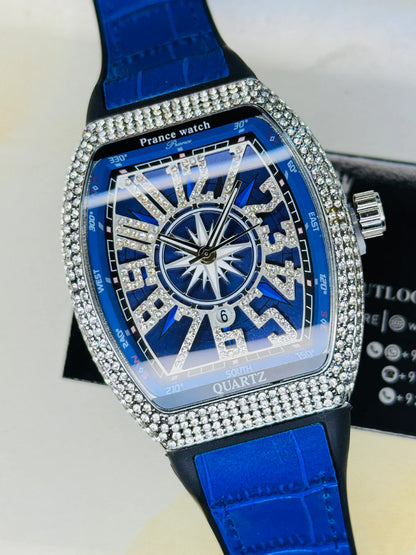 Blue Silver Iced Frank Muller Watch