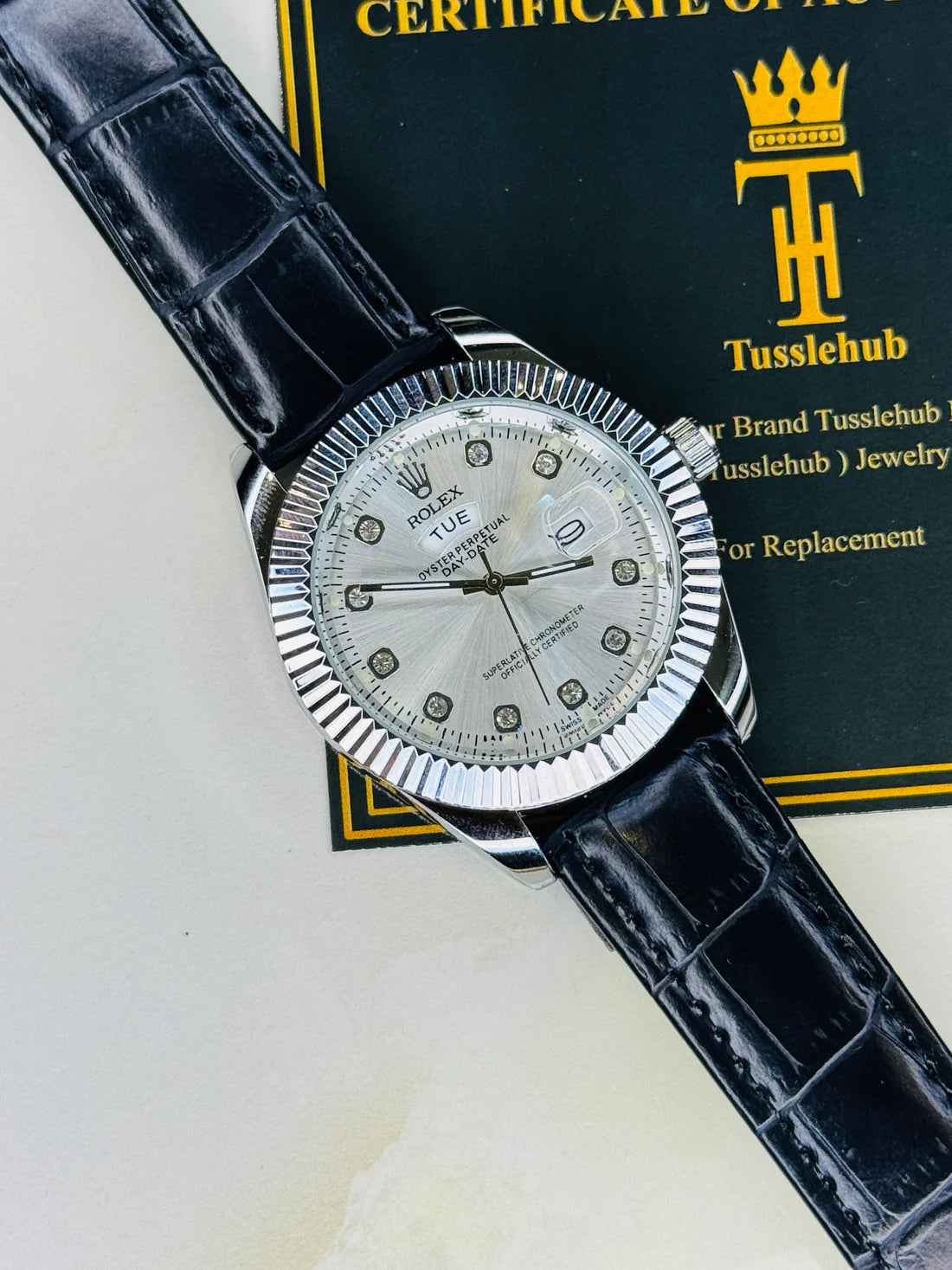 Black Silver White Day Date Leather Rolex Watch